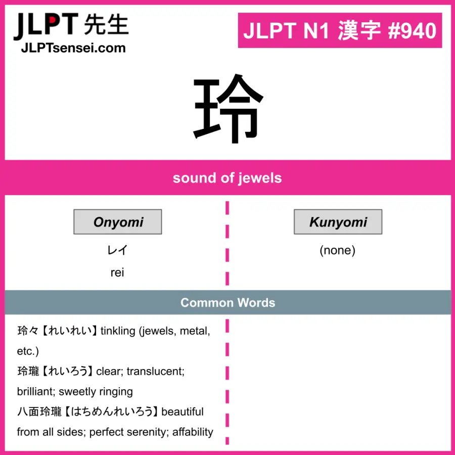 JLPT N1 Kanji: 玲 (rei) Meaning: sound of jewels – JLPTsensei.com