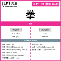 943 拳 kanji meaning JLPT N1 Kanji Flashcard