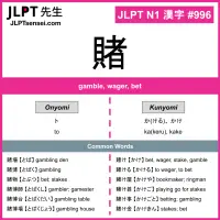 996 賭 kanji meaning JLPT N1 Kanji Flashcard