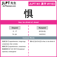 1103 惧 kanji meaning JLPT N1 Kanji Flashcard