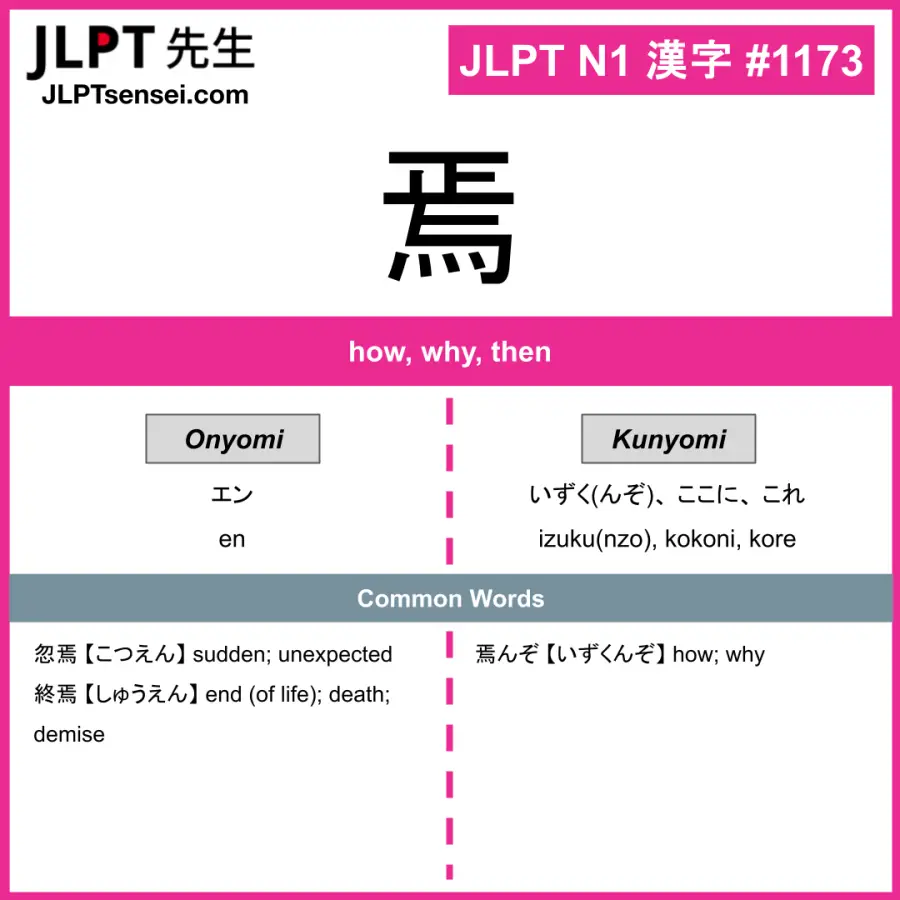JLPT N1 Kanji: 焉 (en, izuku(nzo), kokoni, kore) Meaning: how, why, then ...